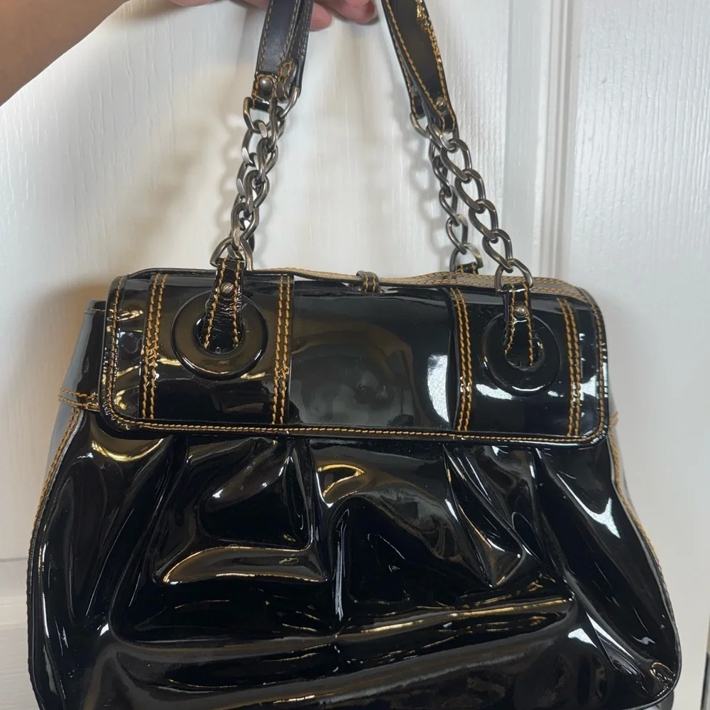 Fendi Black Patent Leather B Shoulder Hobo Bag New Condition Authentic